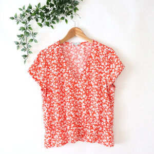 J.Crew Red Floral V Neck Top With Shirred Waist Size Medium